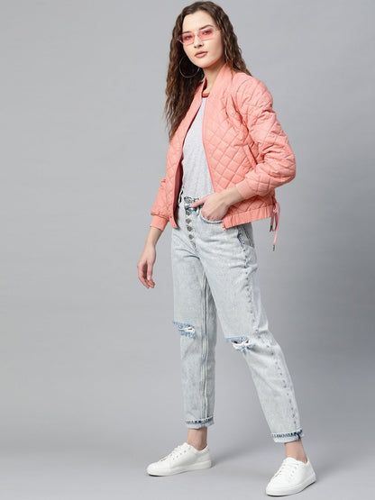 Women's Peach Tie-Up Detail Quilted Bomber Jacket