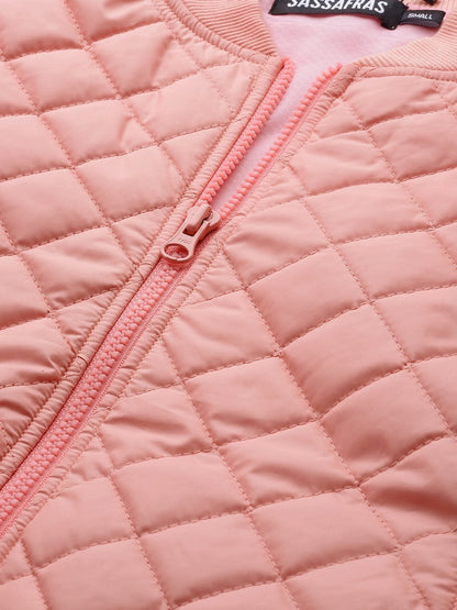 Women's Peach Tie-Up Detail Quilted Bomber Jacket