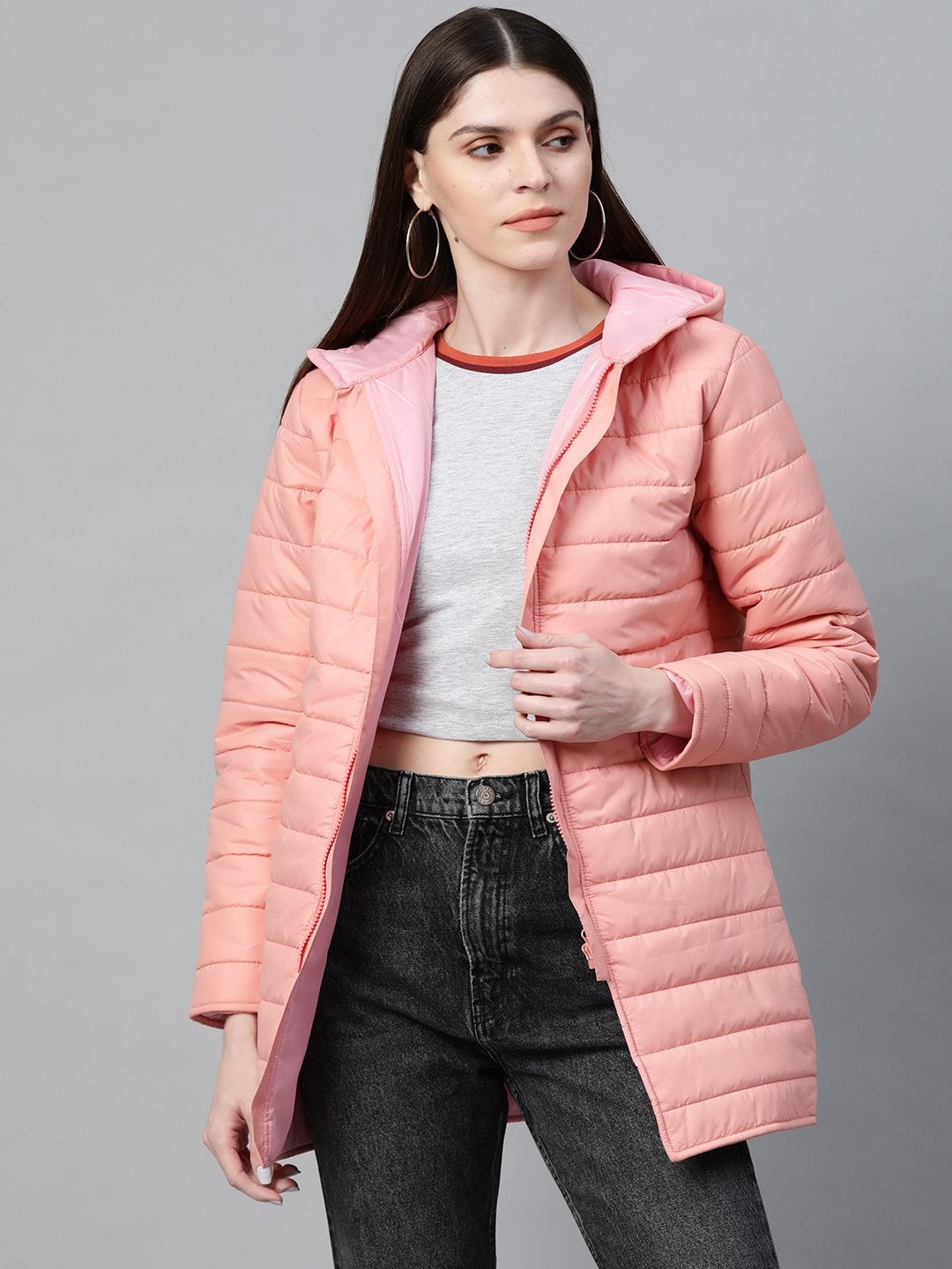 Women's Peach Hooded Long Puffer Jacket