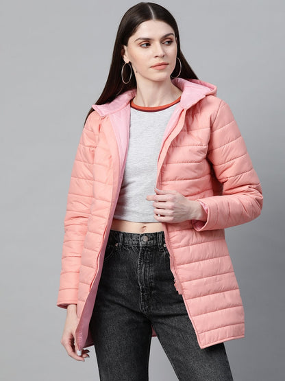 Women's Peach Hooded Long Puffer Jacket