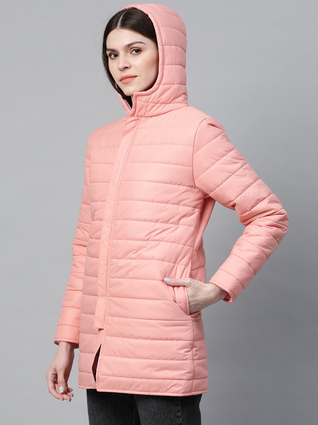 Women's Peach Hooded Long Puffer Jacket