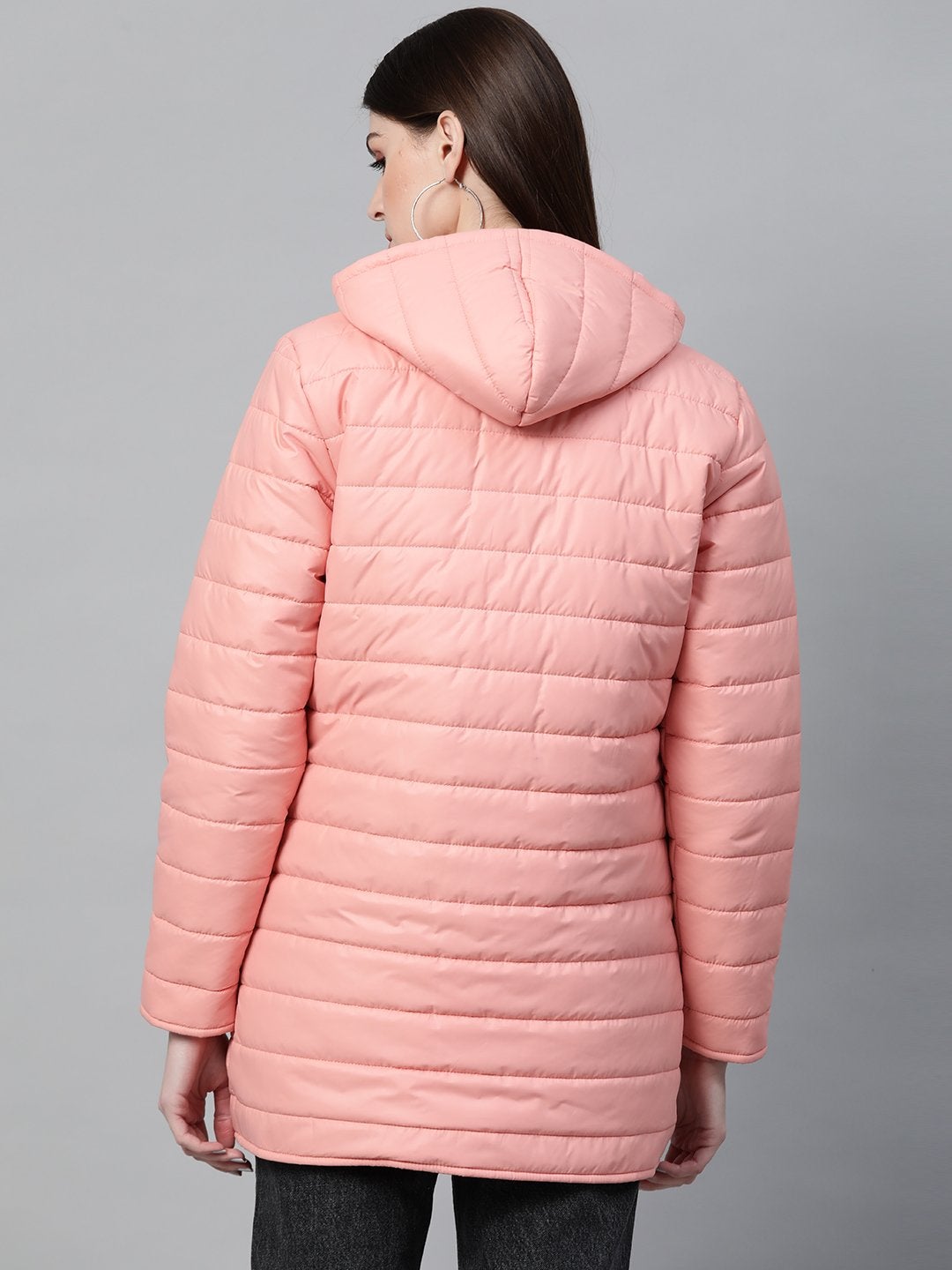 Women's Peach Hooded Long Puffer Jacket