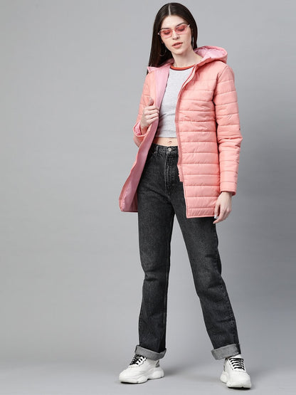 Women's Peach Hooded Long Puffer Jacket