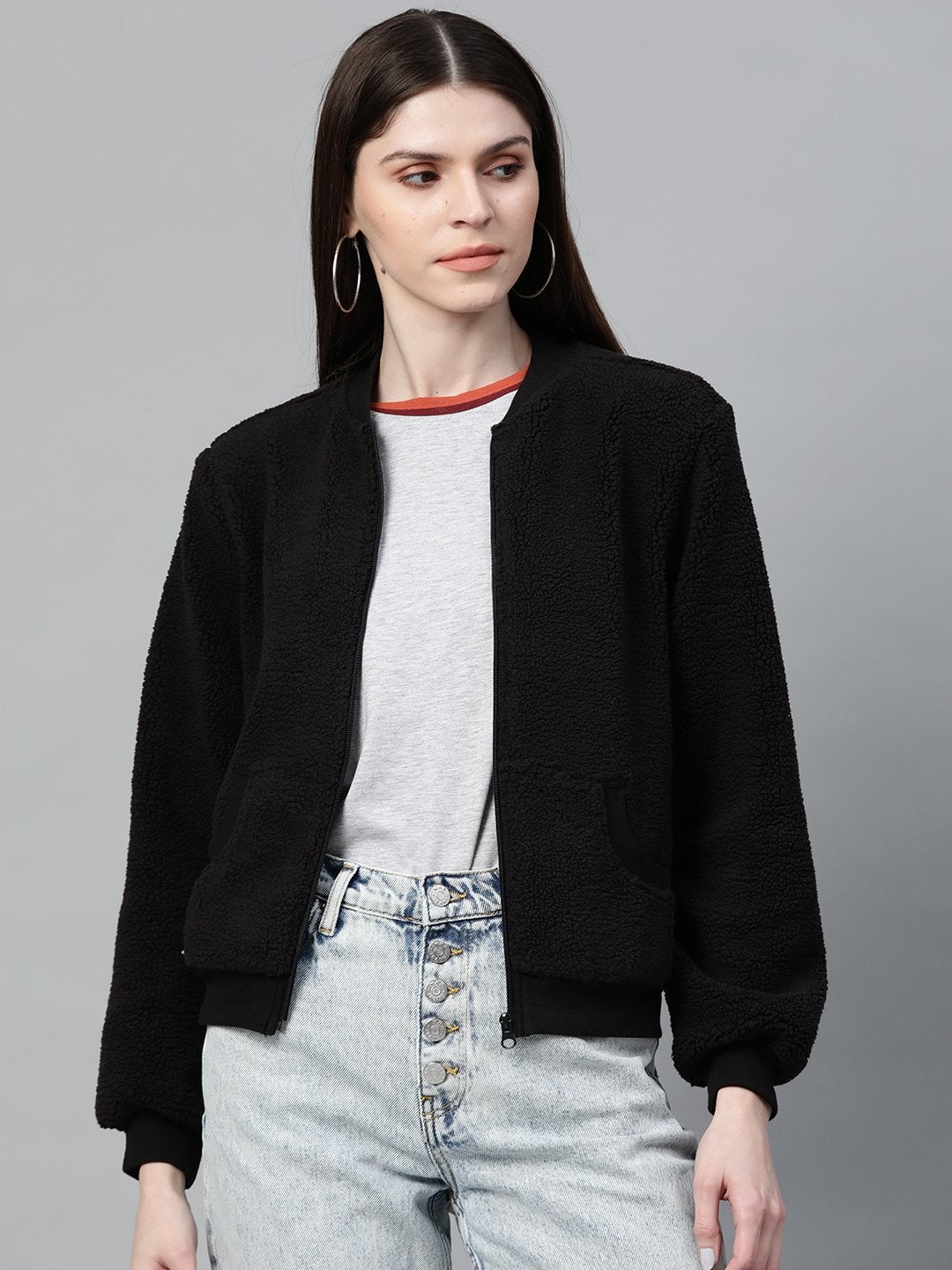 Women's Black Fur Bomber Jacket