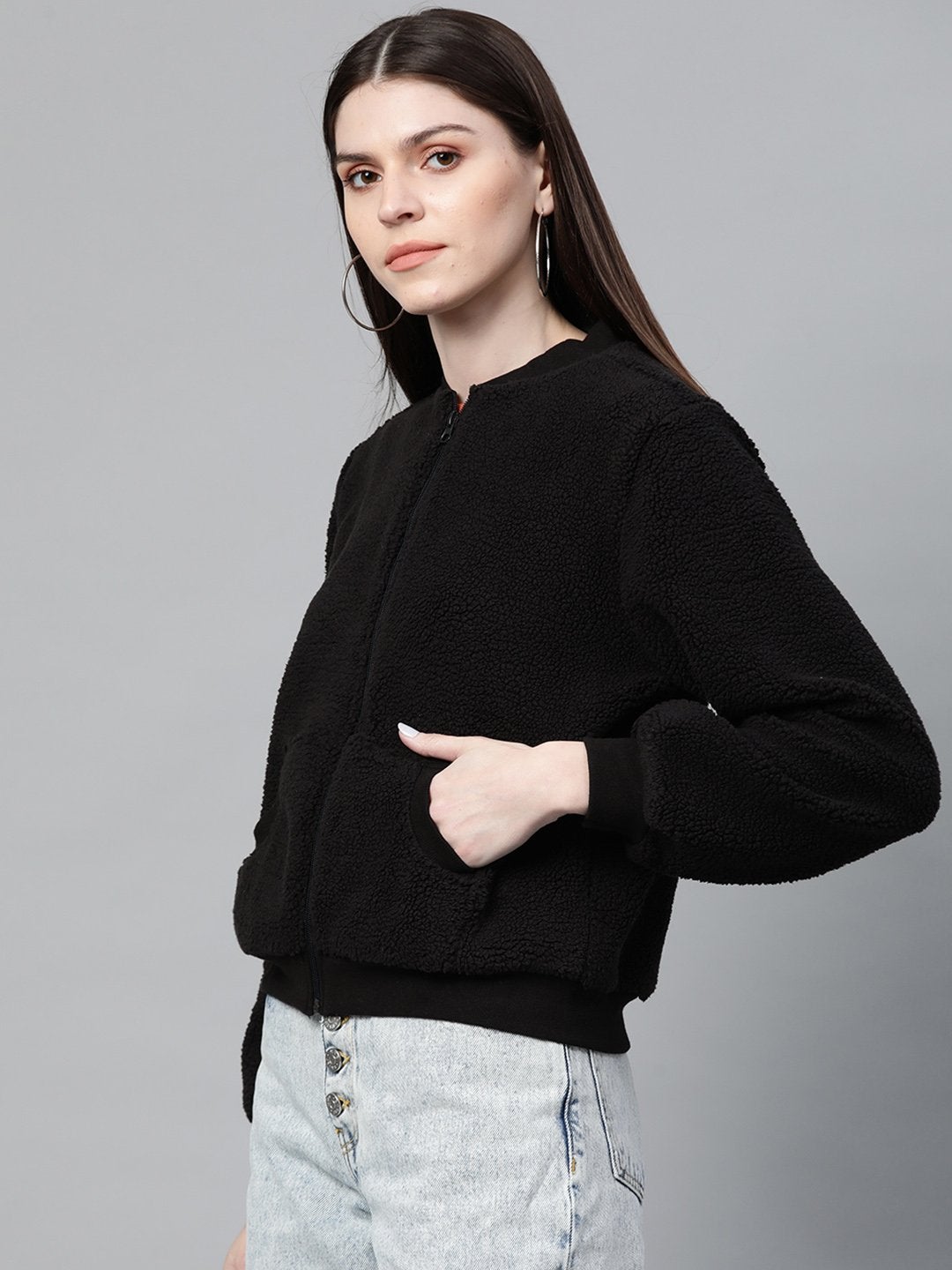 Women's Black Fur Bomber Jacket