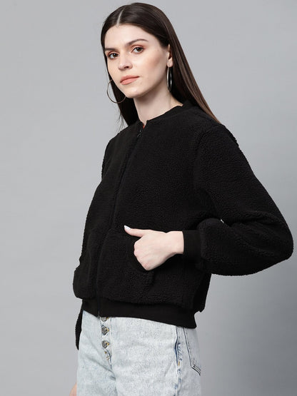 Women's Black Fur Bomber Jacket