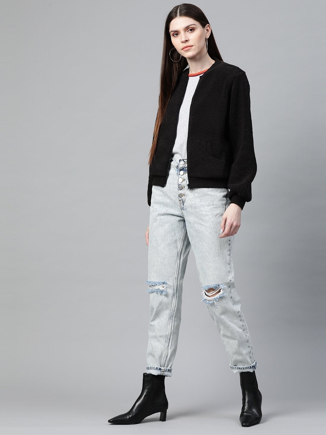 Women's Black Fur Bomber Jacket