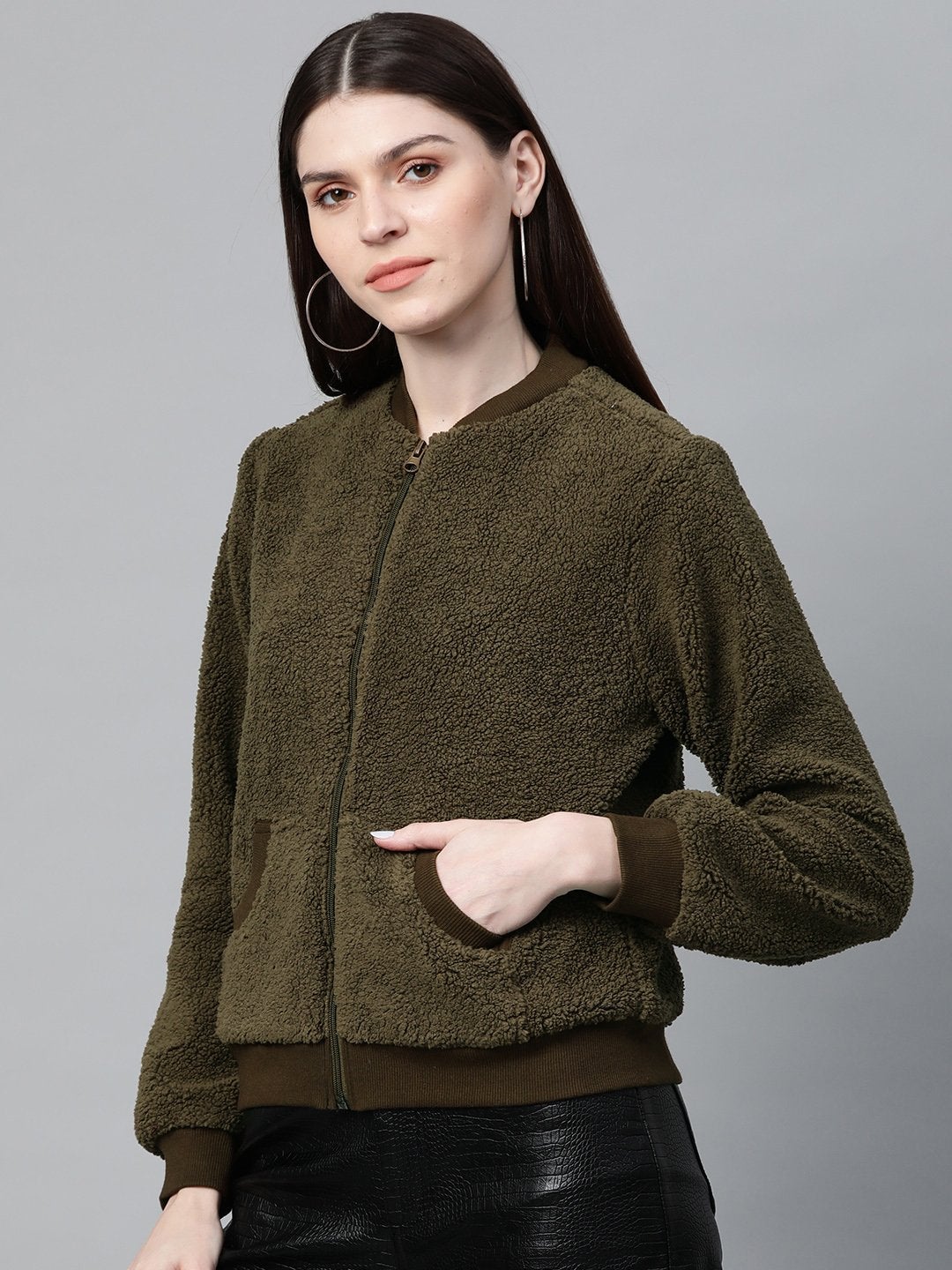 Women's Olive Fur Bomber Jacket