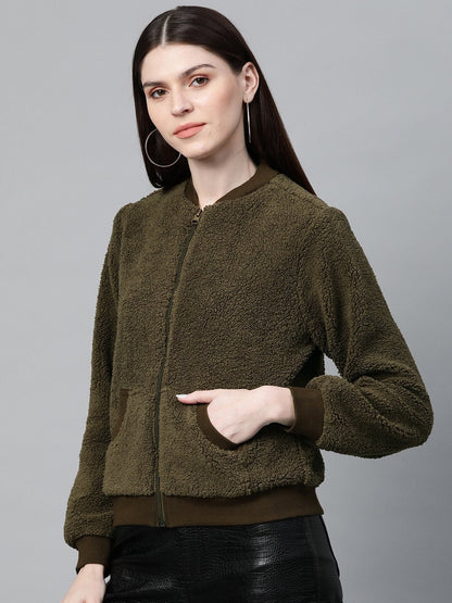 Women's Olive Fur Bomber Jacket