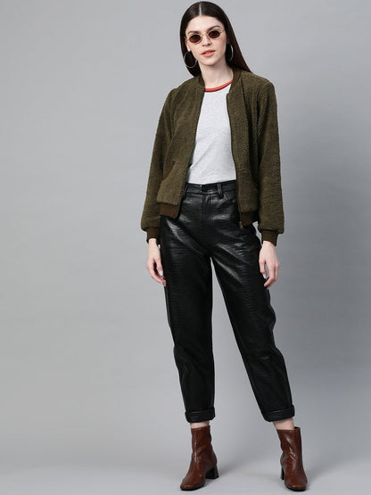 Women's Olive Fur Bomber Jacket