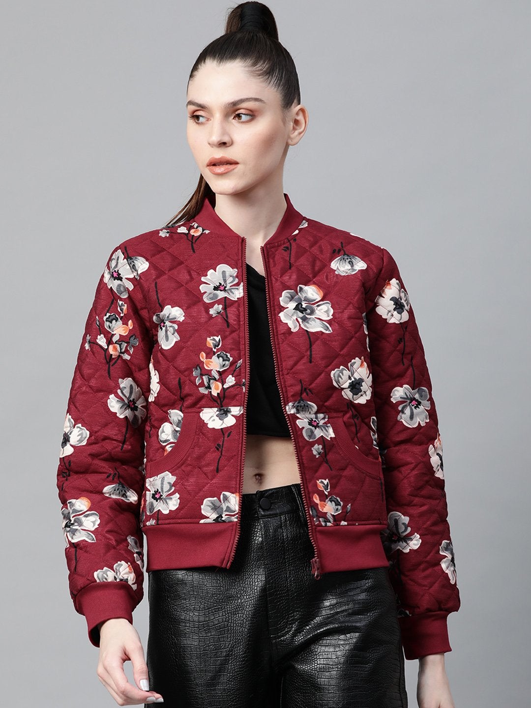 Women's Burgundy Floral Polysilk Bomber Jacket