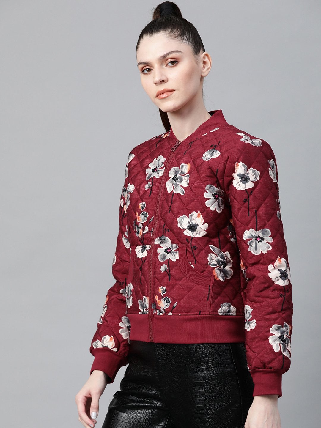 Women's Burgundy Floral Polysilk Bomber Jacket