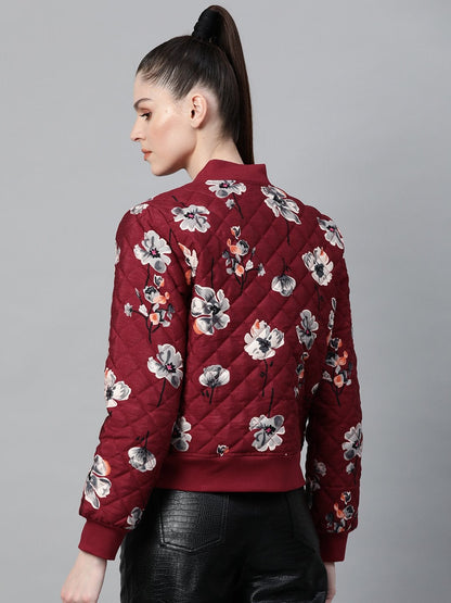 Women's Burgundy Floral Polysilk Bomber Jacket