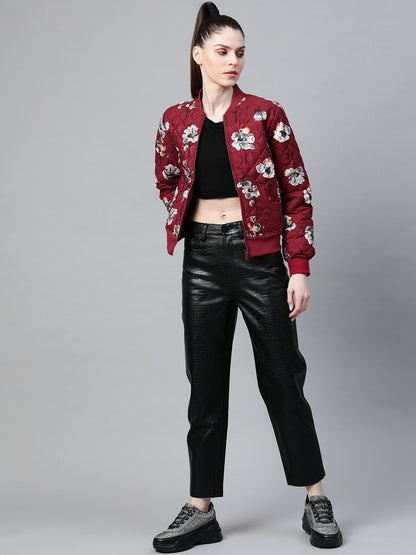 Women's Burgundy Floral Polysilk Bomber Jacket