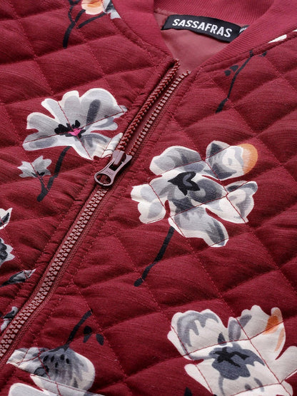 Women's Burgundy Floral Polysilk Bomber Jacket