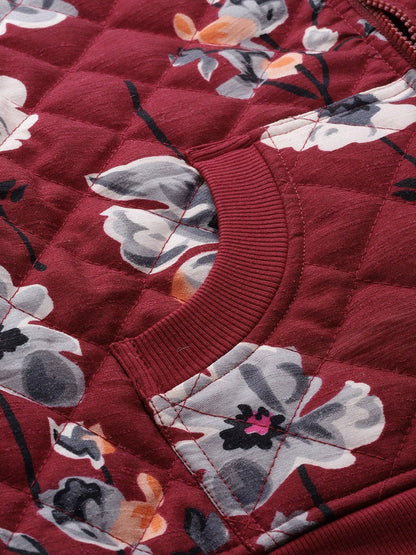 Women's Burgundy Floral Polysilk Bomber Jacket