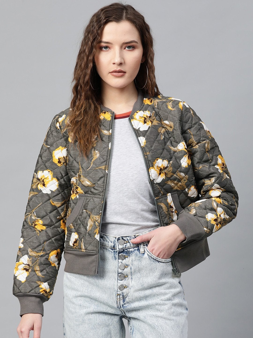 Women's Grey Floral Polysilk Bomber Jacket