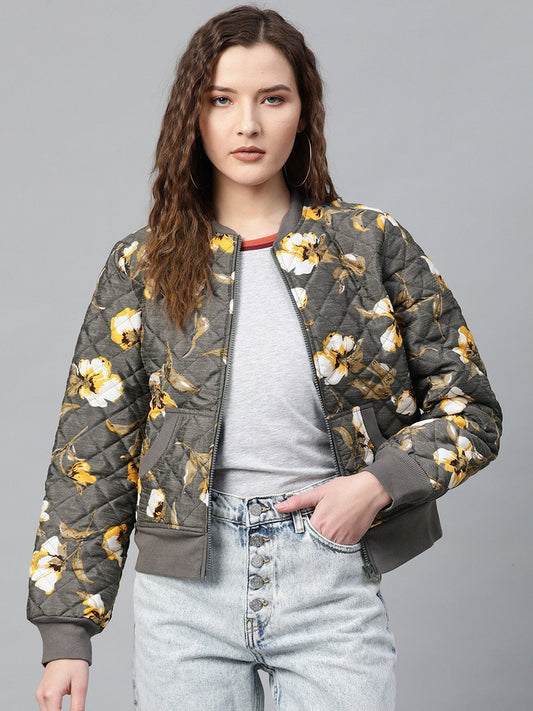 Women's Grey Floral Polysilk Bomber Jacket