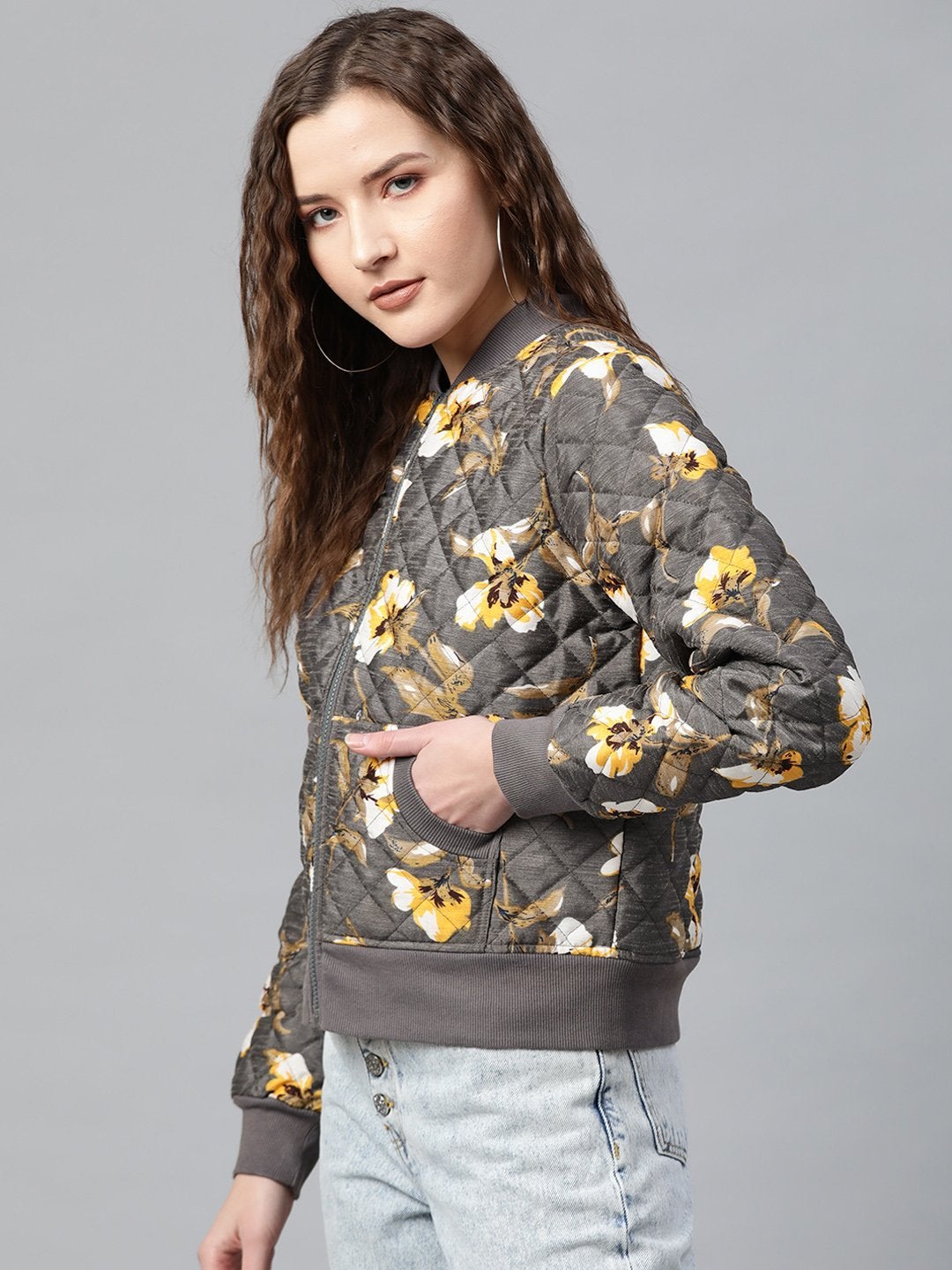 Women's Grey Floral Polysilk Bomber Jacket