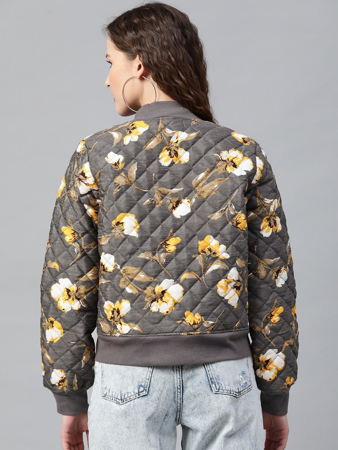 Women's Grey Floral Polysilk Bomber Jacket