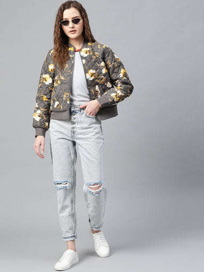 Women's Grey Floral Polysilk Bomber Jacket