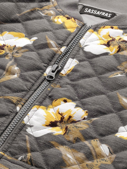 Women's Grey Floral Polysilk Bomber Jacket