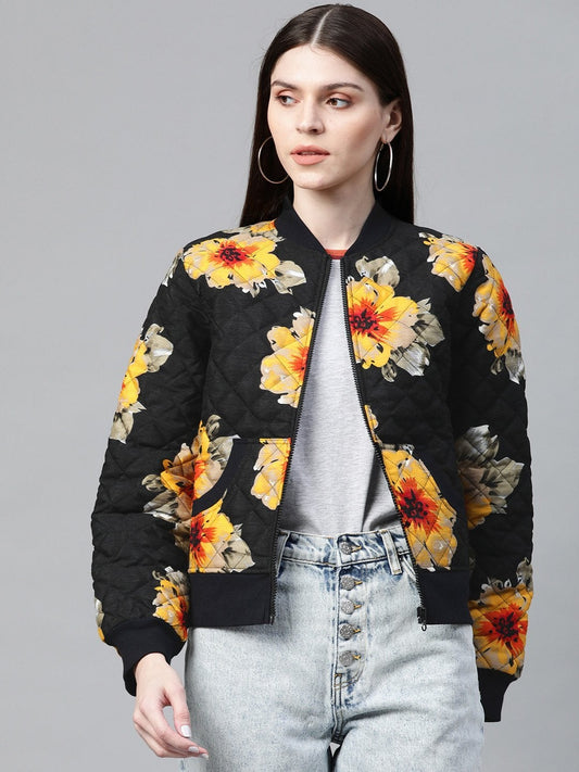 Women's Black Floral Polysilk Bomber Jacket