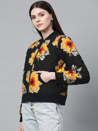 Women's Black Floral Polysilk Bomber Jacket