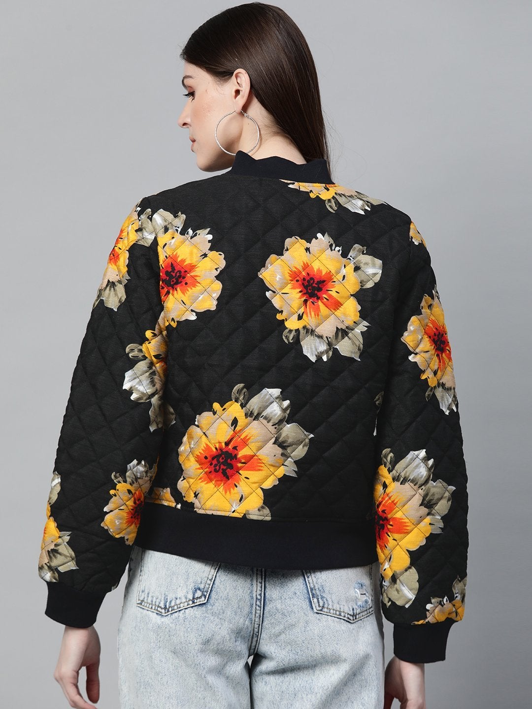 Women's Black Floral Polysilk Bomber Jacket