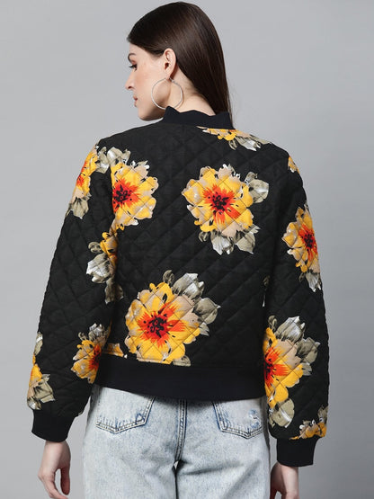Women's Black Floral Polysilk Bomber Jacket