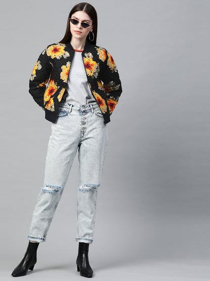 Women's Black Floral Polysilk Bomber Jacket