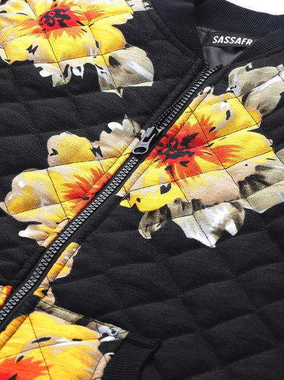 Women's Black Floral Polysilk Bomber Jacket