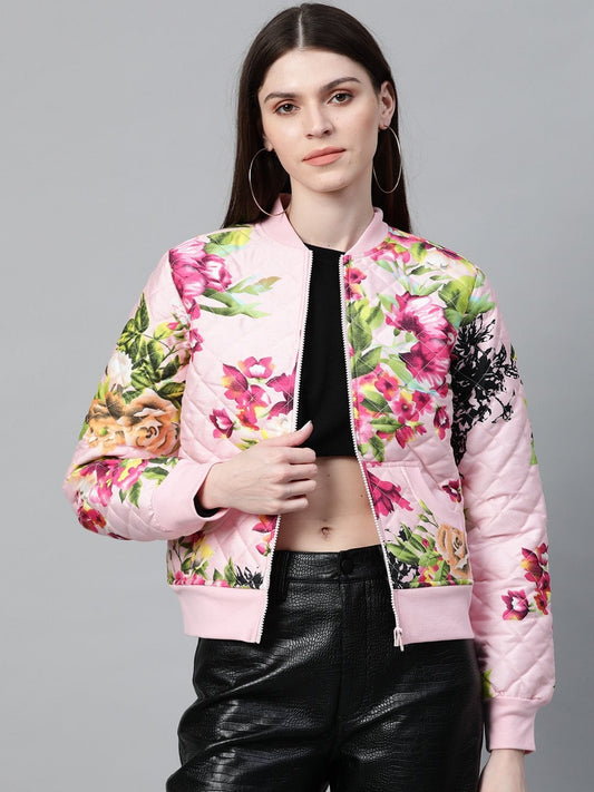 Women's Pink Floral Polysilk Bomber Jacket