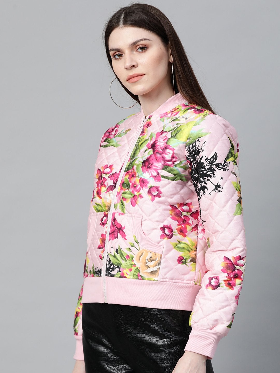 Women's Pink Floral Polysilk Bomber Jacket
