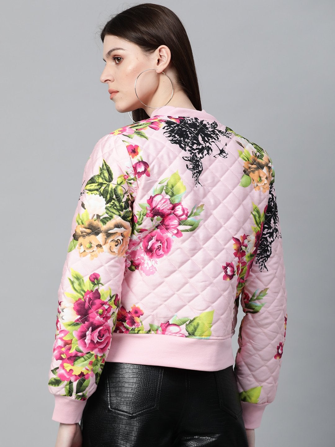 Women's Pink Floral Polysilk Bomber Jacket