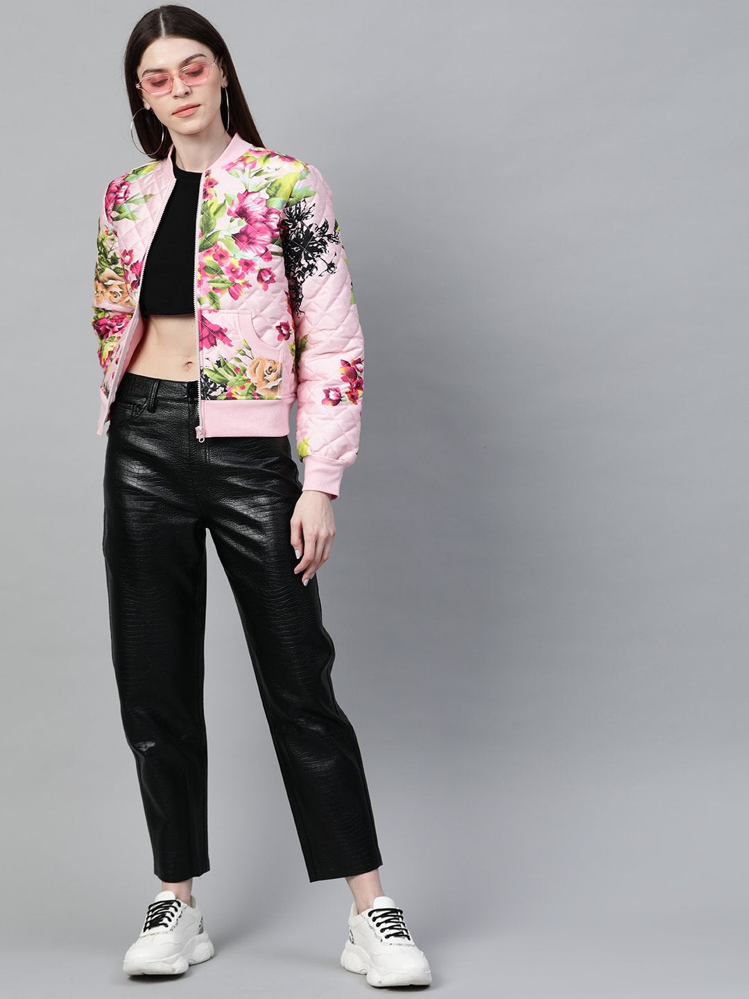 Women's Pink Floral Polysilk Bomber Jacket