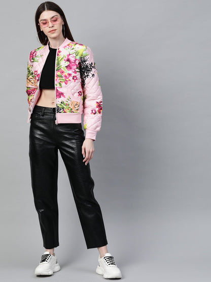 Women's Pink Floral Polysilk Bomber Jacket