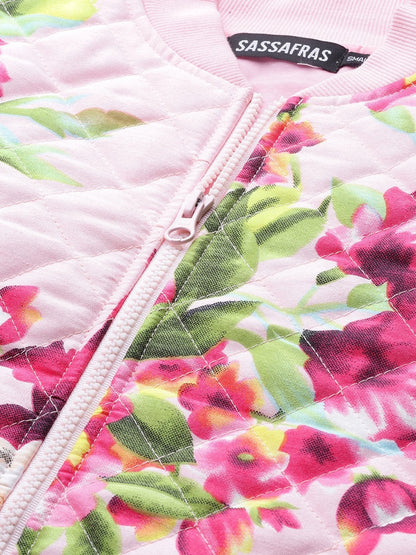 Women's Pink Floral Polysilk Bomber Jacket