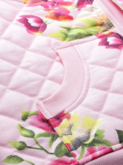 Women's Pink Floral Polysilk Bomber Jacket