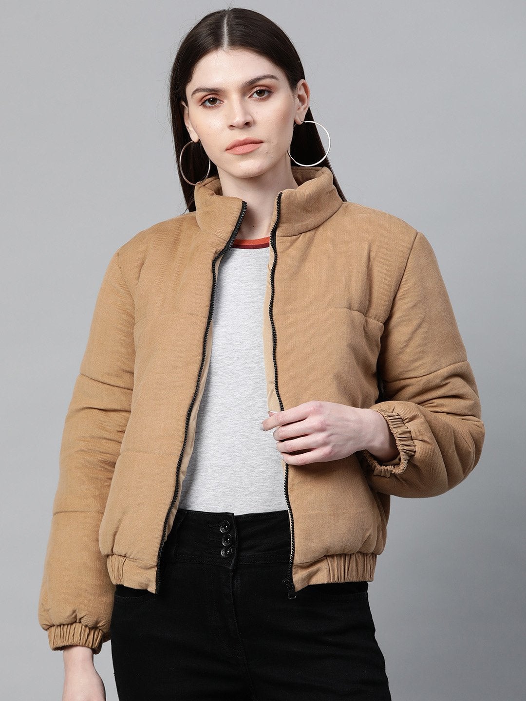 Women's Beige Corduroy Quilted Jacket