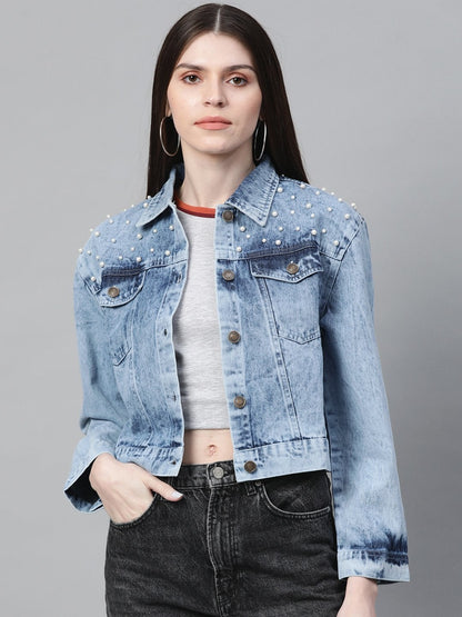 Women's Blue Washed Pearl Spead Denim Jacket