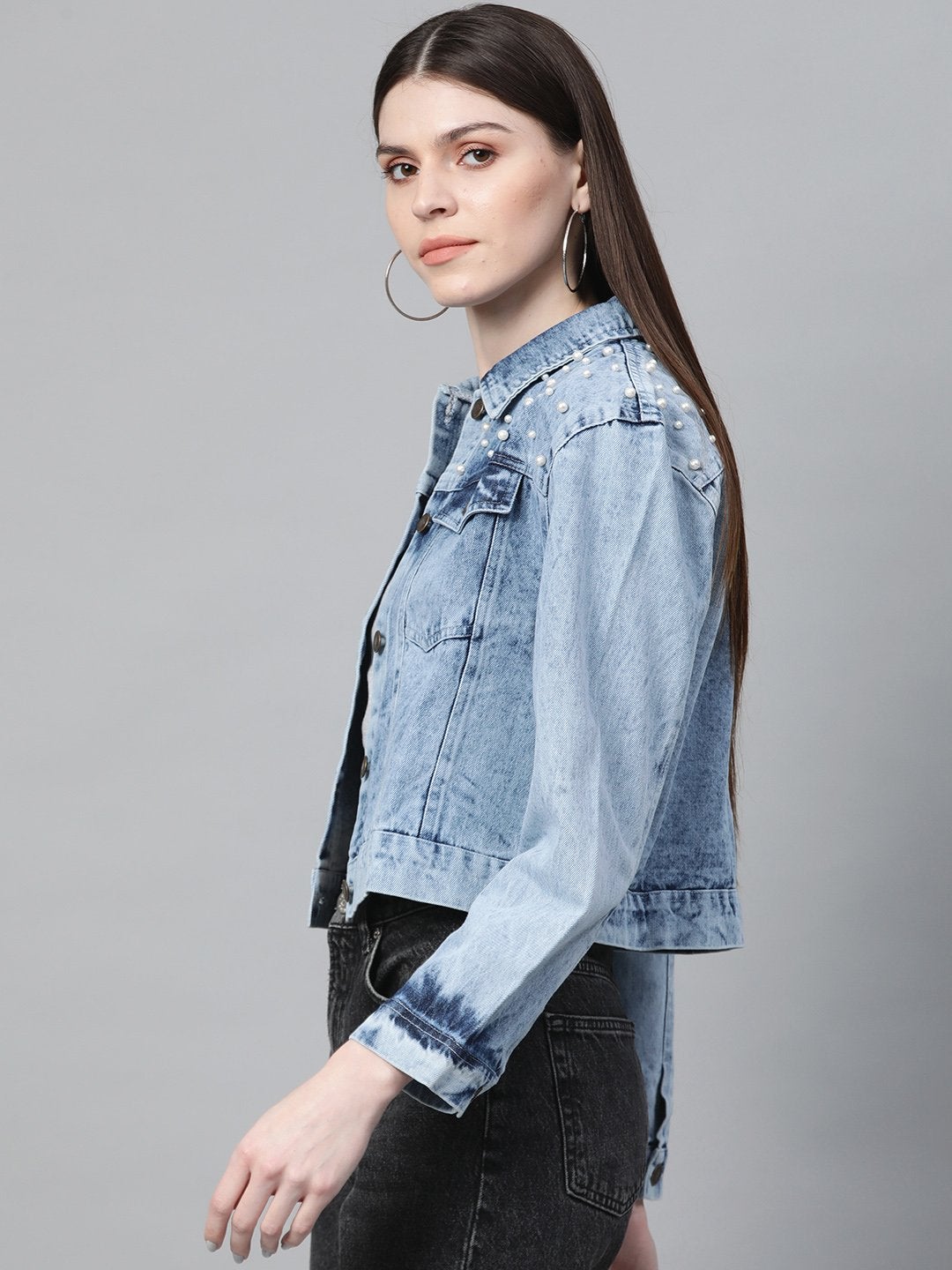 Women's Blue Washed Pearl Spead Denim Jacket