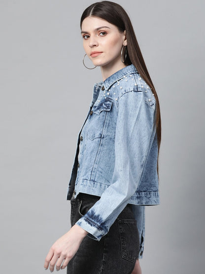 Women's Blue Washed Pearl Spead Denim Jacket
