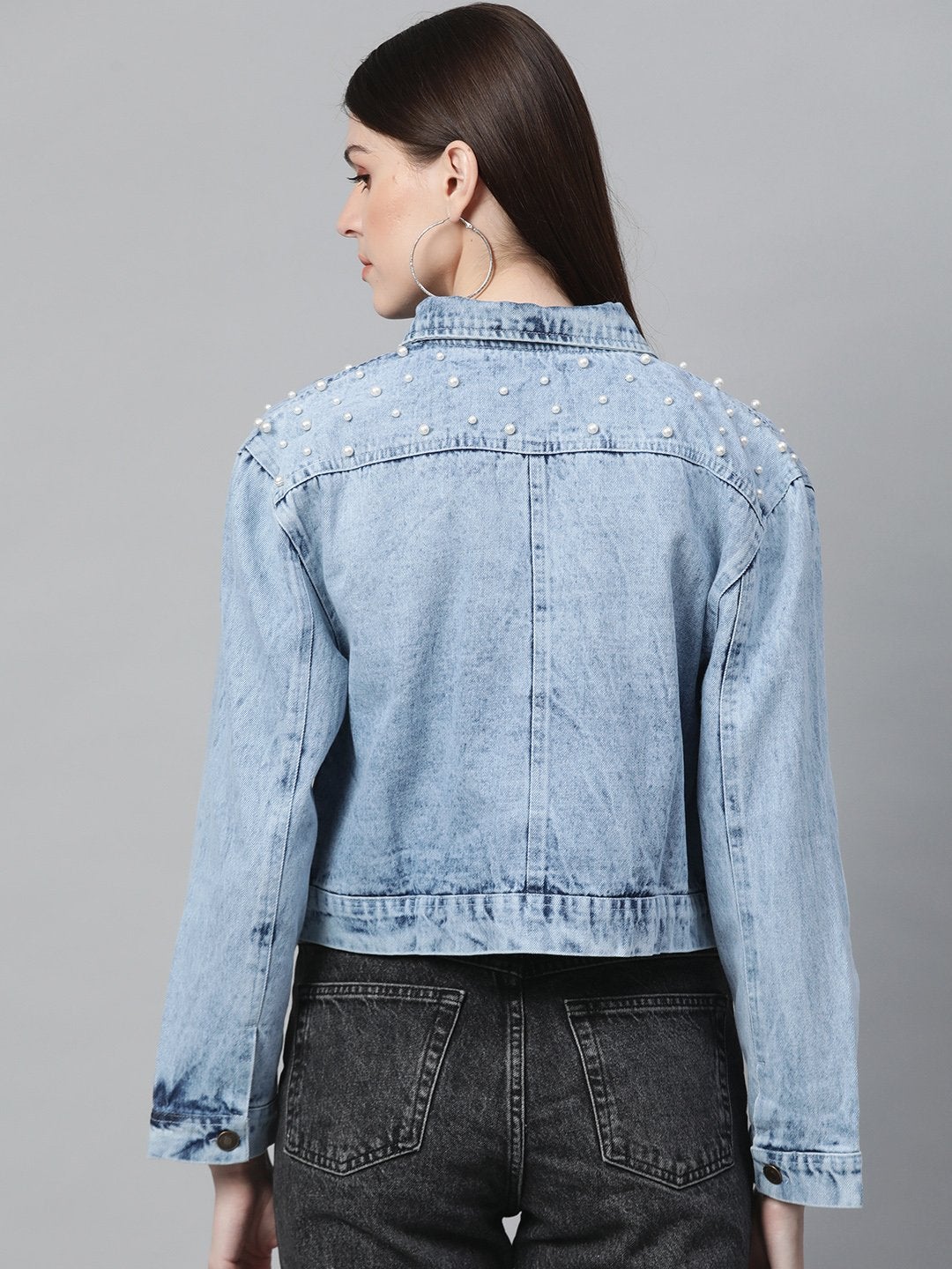 Women's Blue Washed Pearl Spead Denim Jacket