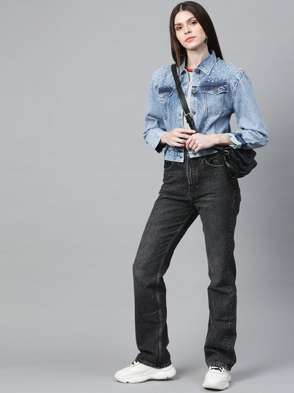 Women's Blue Washed Pearl Spead Denim Jacket