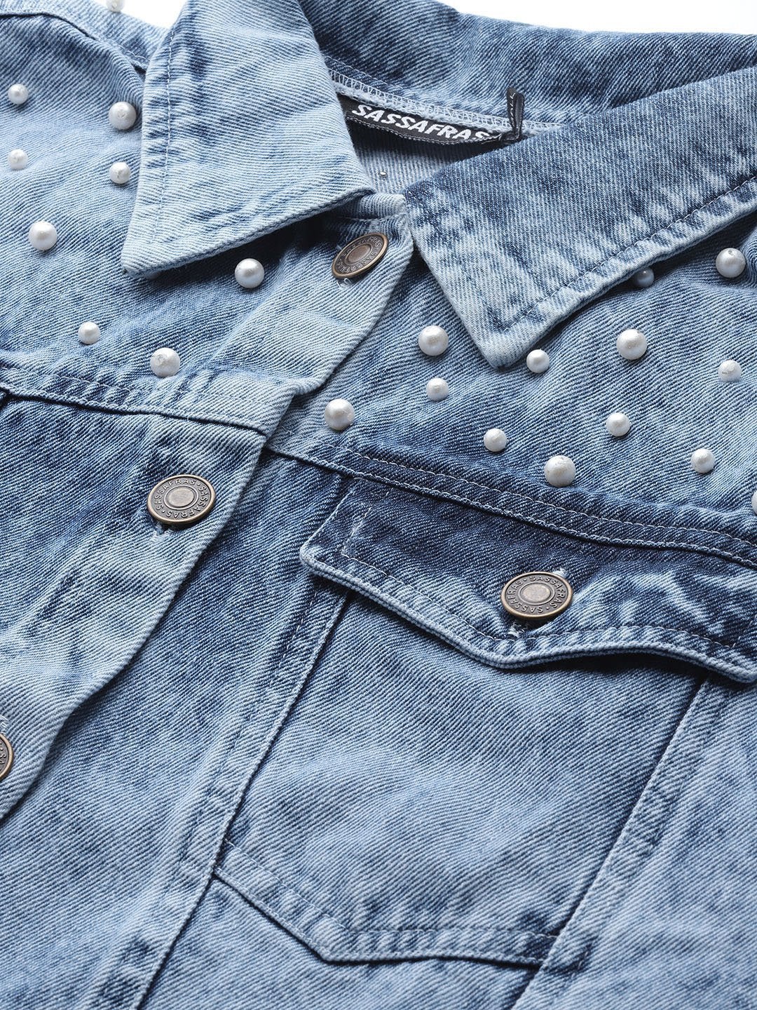Women's Blue Washed Pearl Spead Denim Jacket