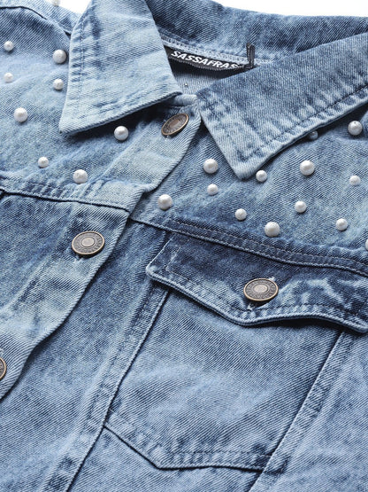 Women's Blue Washed Pearl Spead Denim Jacket