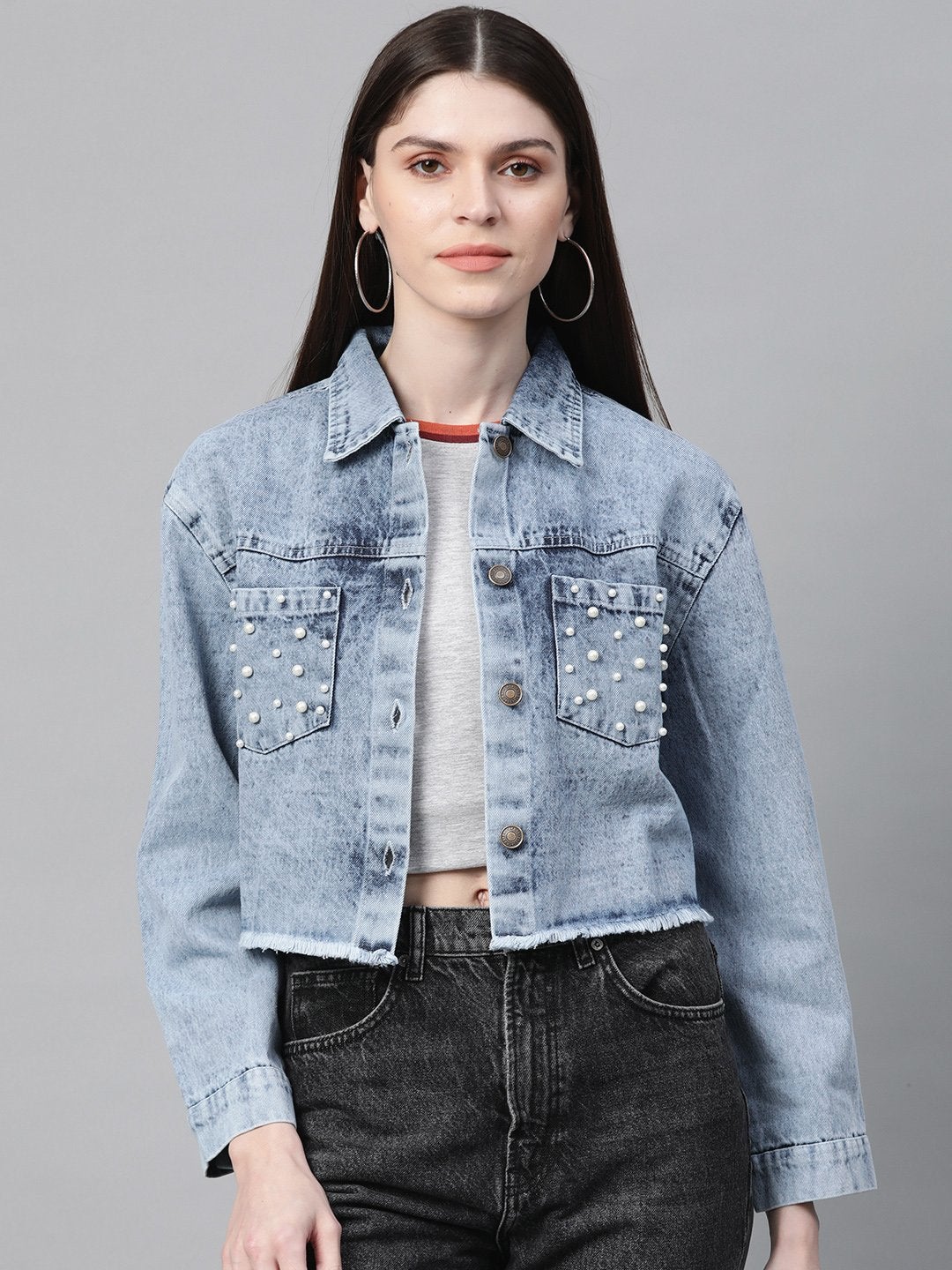 Women's Blue Washed Denim Pearl Pocket Jacket