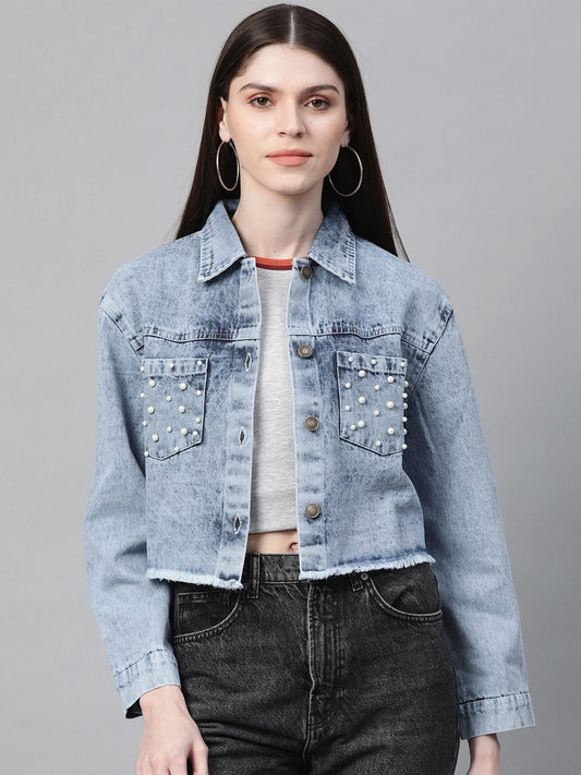 Women's Blue Washed Denim Pearl Pocket Jacket