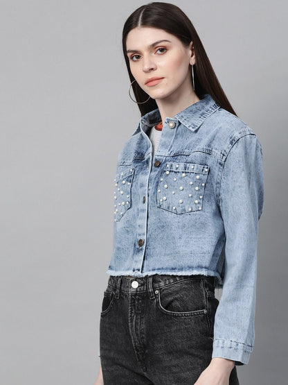 Women's Blue Washed Denim Pearl Pocket Jacket